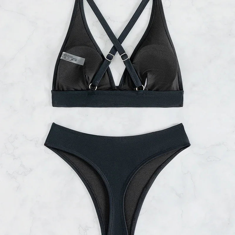 Einfarbiger Bikini mit hoher Taille – Zweiteiliges Set in Schwarz, Weiß oder Rosa